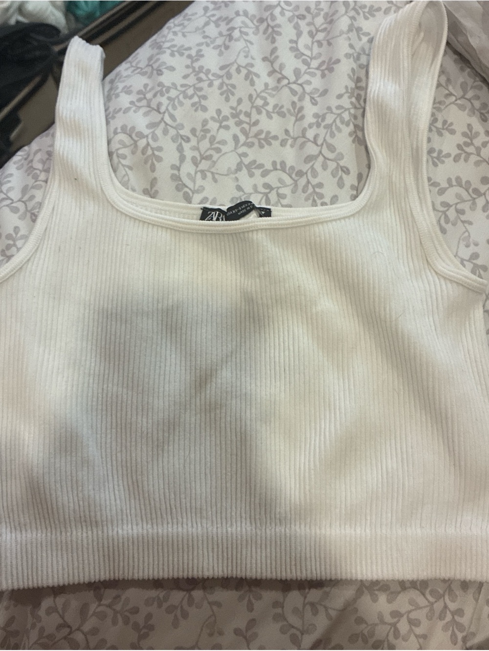 ZARA White Ribbed Square Neck Tank